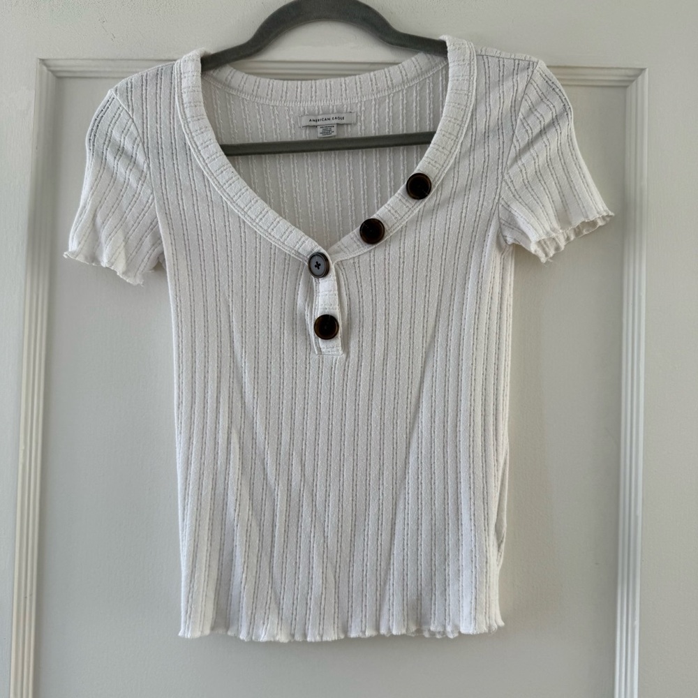 American Eagle Outfitters White Ribbed Pointelle Button-Detail Short Sleeve Top